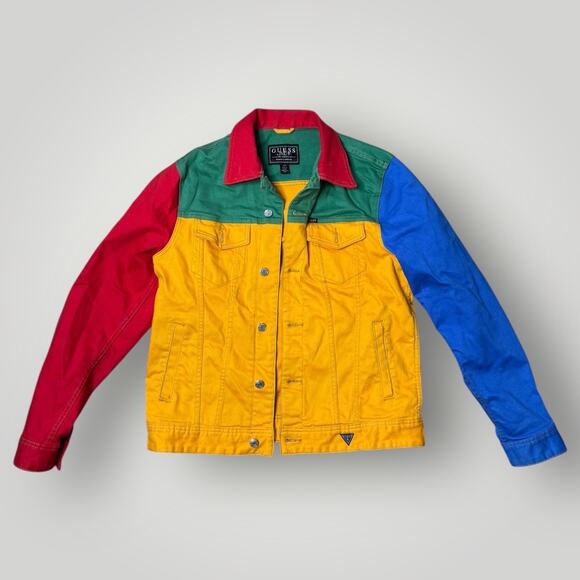 Guess J Balvin Vibras Denim Jacket Mens Medium Colorblock Y2K Moto Biker Trucker - Picture 1 of 12